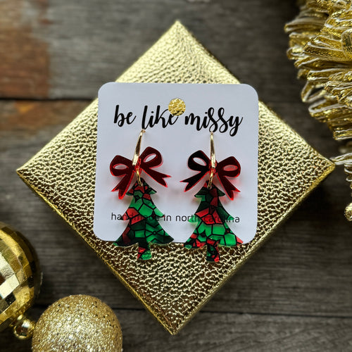 Small Christmas Tree with Bow - Red + Green Kaleidoscope with Red - Acrylic Earrings