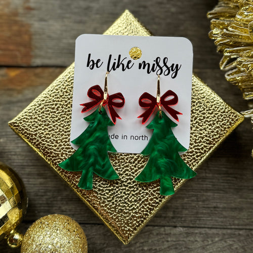 Christmas Tree with Bow - Green Pearl with Red - Acrylic Earrings