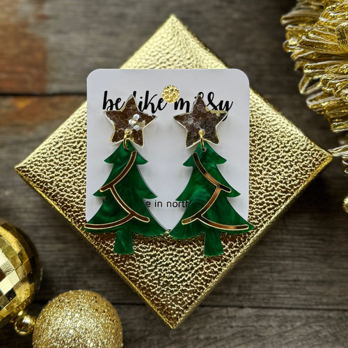 Christmas Tree with Star and Garland - Green Pearl - Acrylic Earrings
