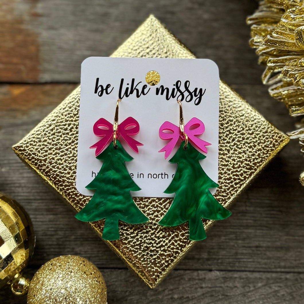 Christmas Tree with Bow - Green Pearl with Pink - Acrylic Earrings