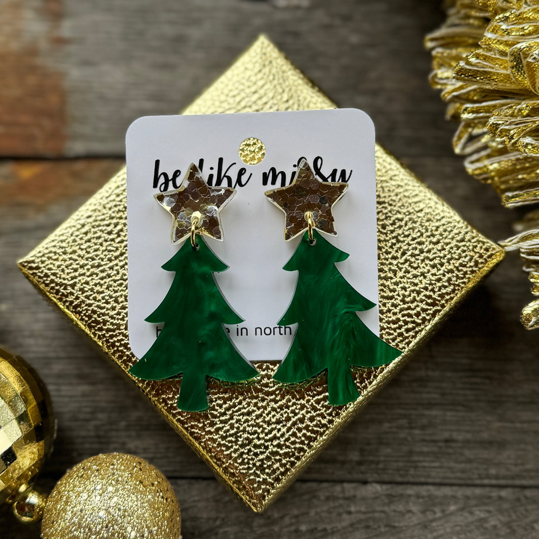 Christmas Tree with Star - Green Pearl - Acrylic Earrings