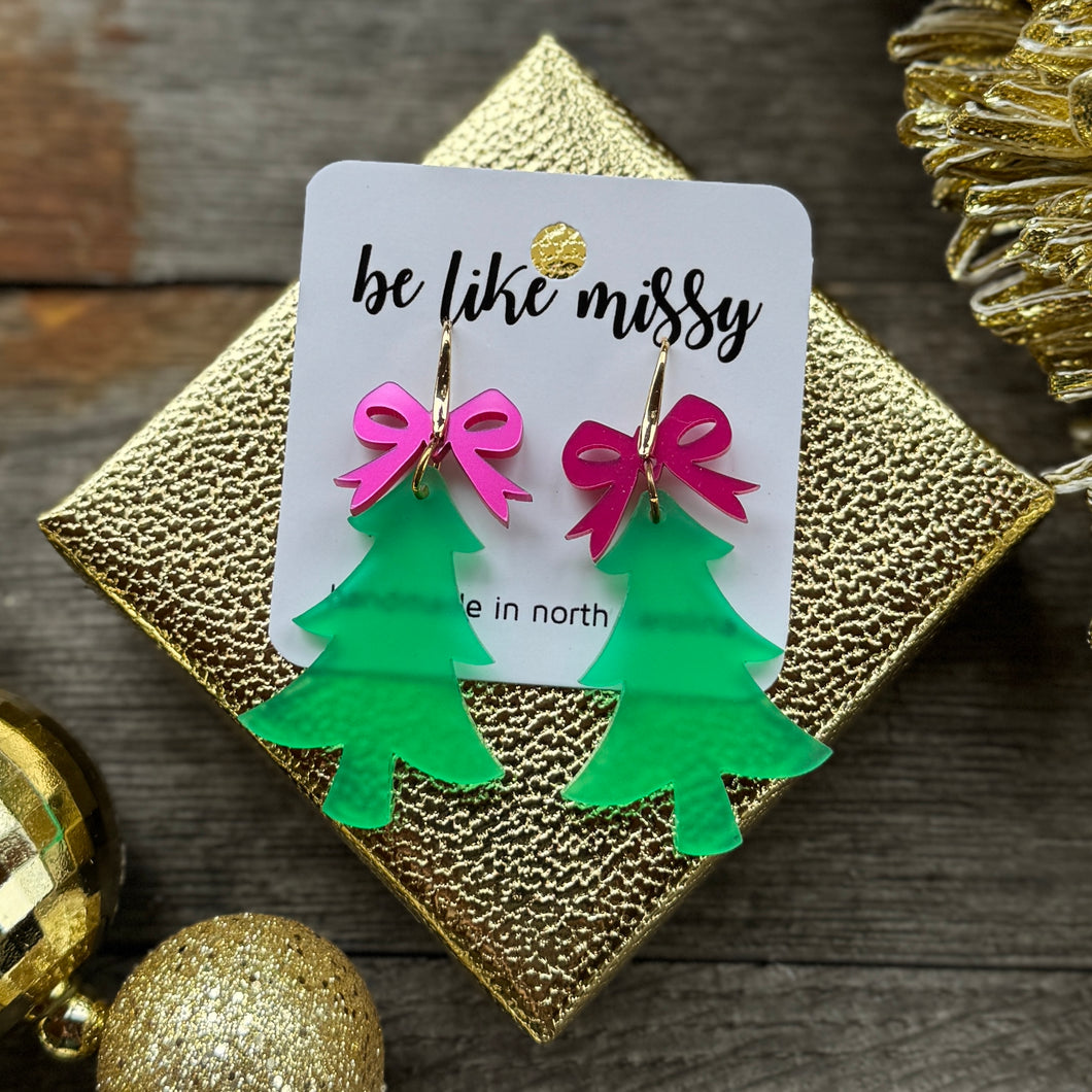 Christmas Tree with Bow - Bright Green - Acrylic Earrings