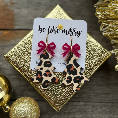 Christmas Tree with Bow - Leopard - Acrylic Earrings