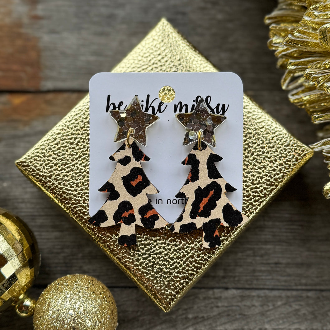 Christmas Tree with Star - Leopard - Acrylic Earrings