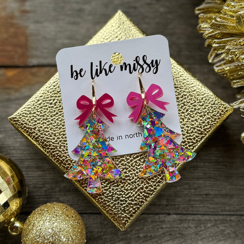 Christmas Tree with Bow - Disco Glitter - Acrylic Earrings