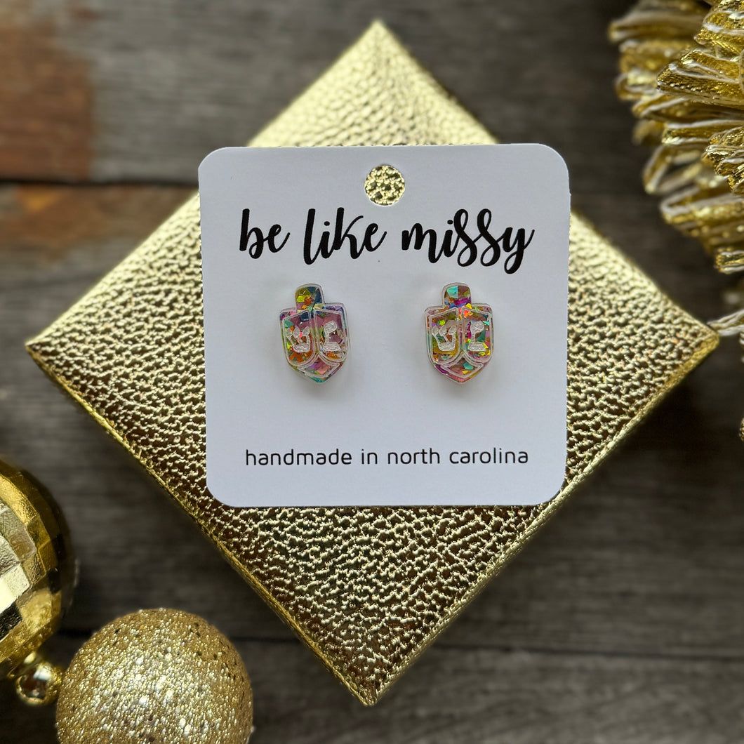 Dreidel Studs - Disco Glitter - Acrylic Earrings
