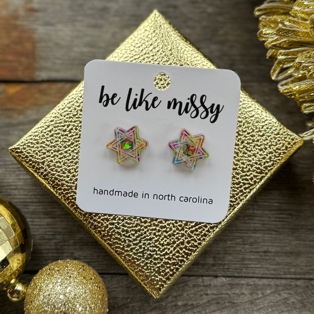 Star of David Studs - Disco Glitter - Acrylic Earrings