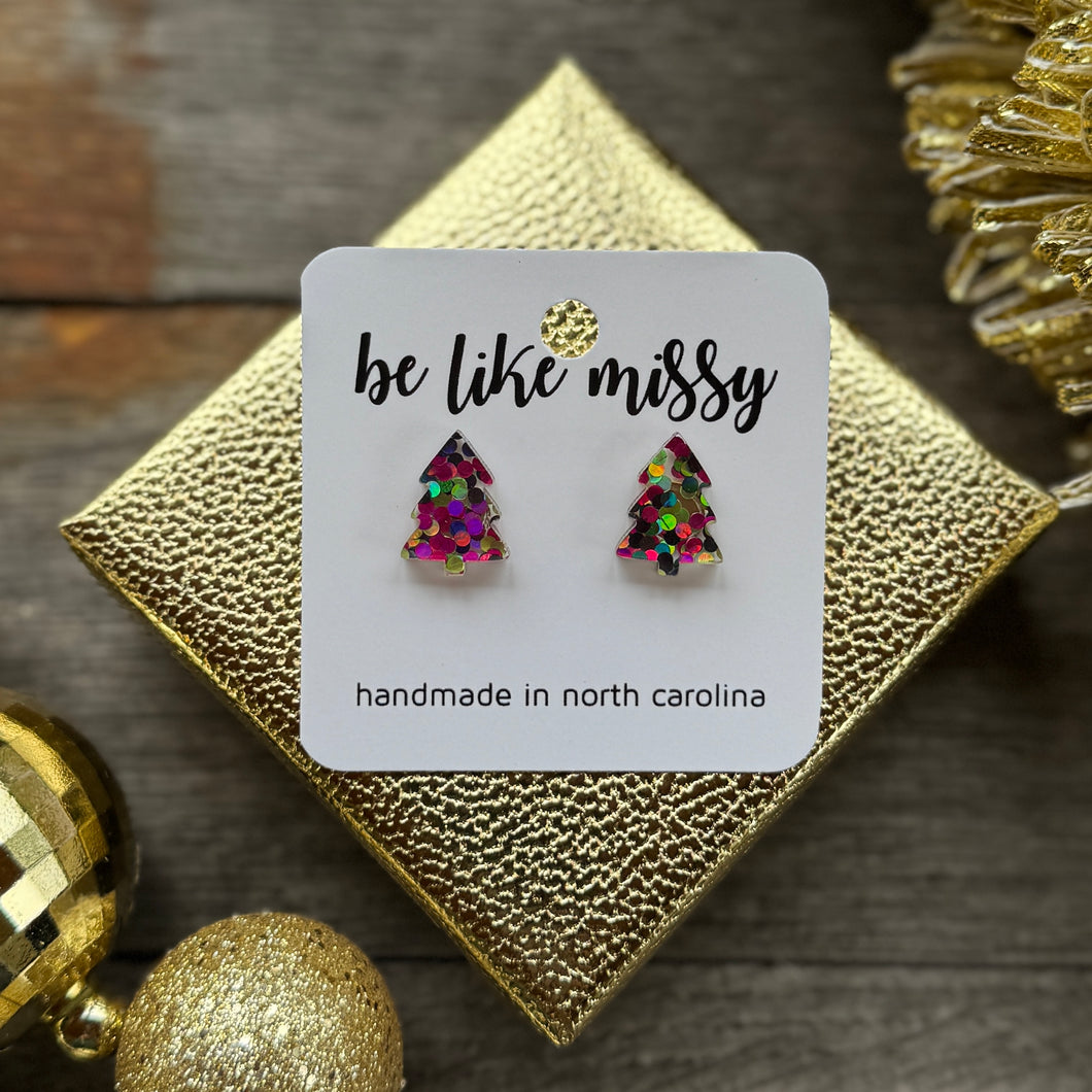 Christmas Tree Studs - Pink + Green Glitter - Acrylic Earrings