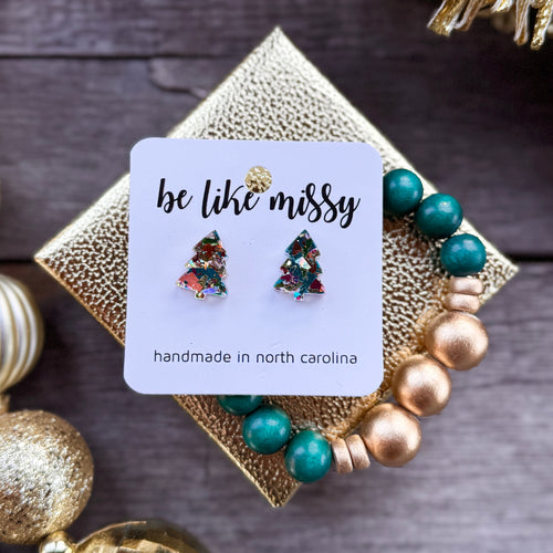 Wrapped Gift Set - Small Christmas Tree Earrings + Wooden Beaded Bracelet