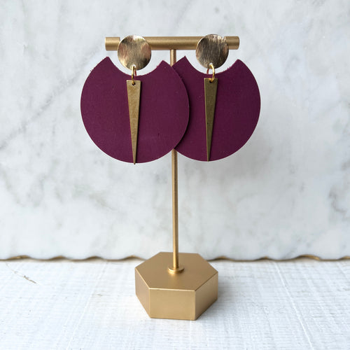 Spike Rounds - Sangria - Brass & Leather Earrings