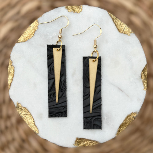 Spike Bars - Black Embossed - Leather Earrings