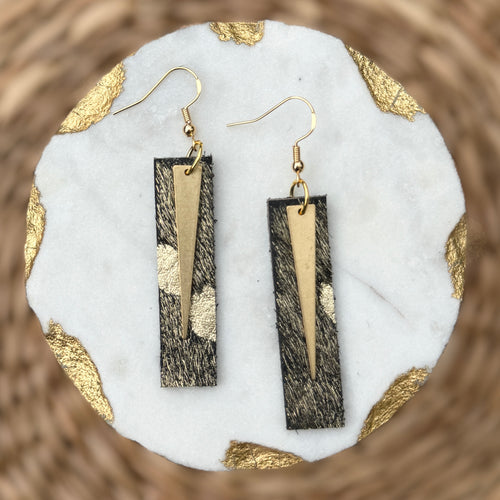 Spike Bars - Black + Gold Acid Wash - Leather Earrings