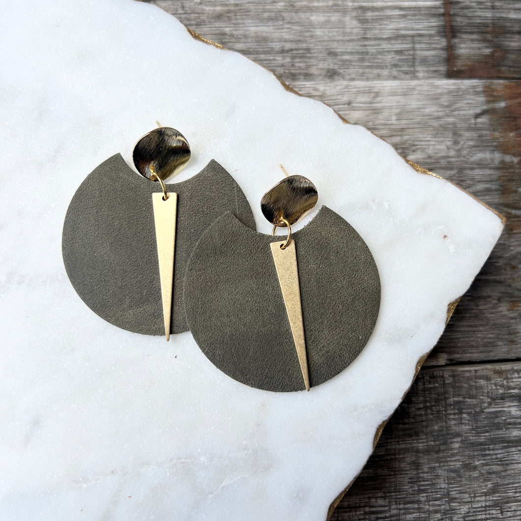 Spike Rounds - Army Green Leather Earrings