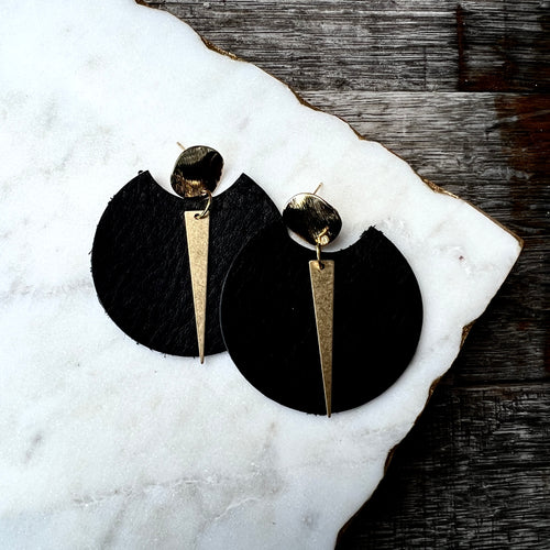 Spike Rounds - Black Leather Earrings