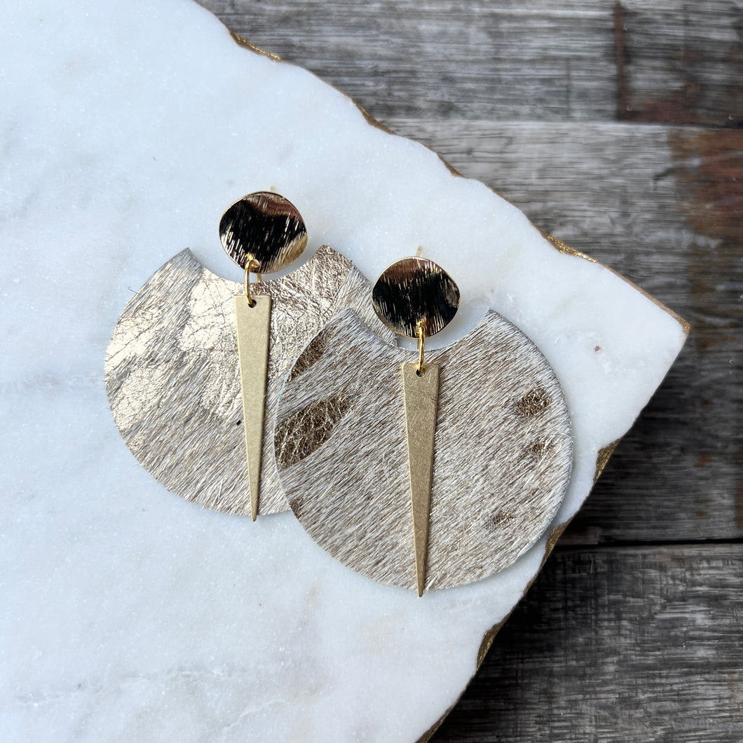 Spike Rounds - Gold Acid Wash Leather Earrings