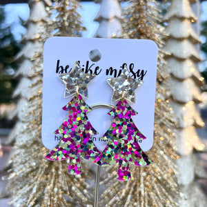 Christmas Earrings - Pink Dots - Christmas Tree Earrings