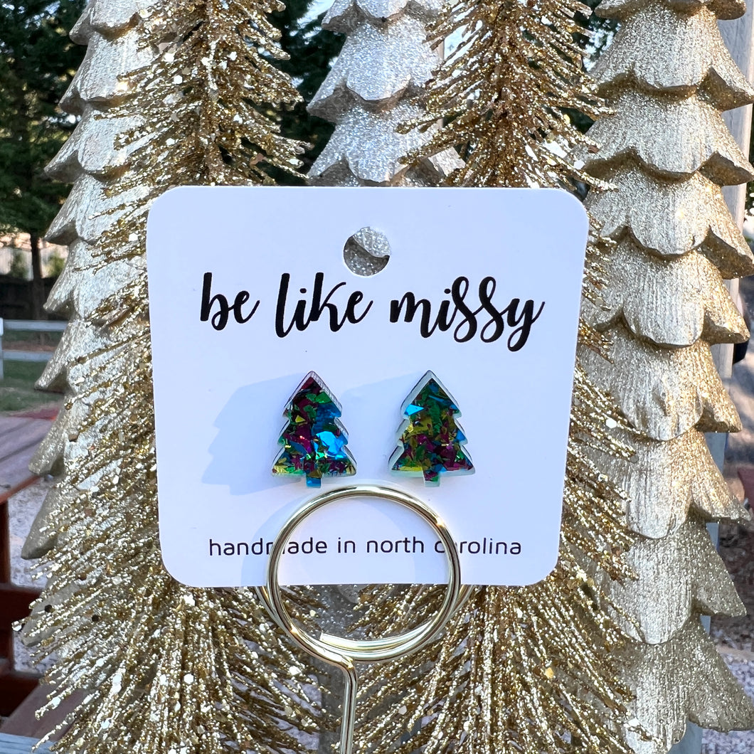 Christmas Tree Studs - Peacock Glitter