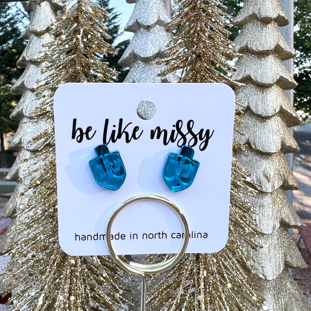 Hanukkah Earrings - Dreidel Studs - Blue