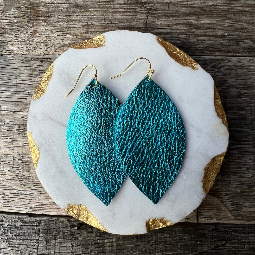 Leather Leaf - Metallic Blue - Leather Earrings