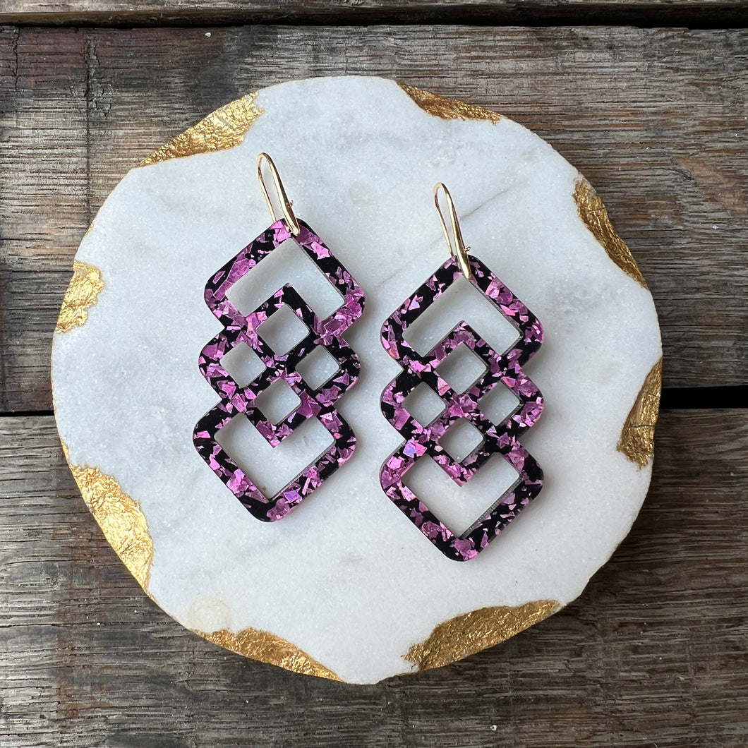 Diamond Trellis Drops - Pink & Black Glitter - Statement Acrylic Earrings