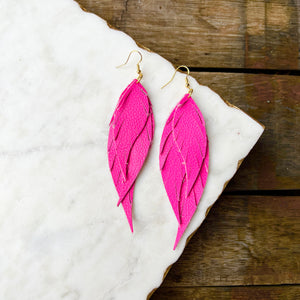 Wings of an Angel - Leather Earrings - Neon Pink