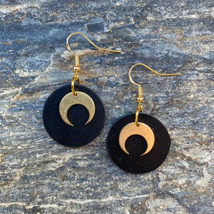 Mini Moons - Black - Brass & Leather Earrings