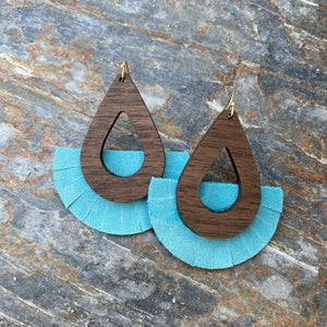 Elisa Fringe - Aqua - Leather and Wood Statement Earrings