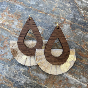 Elisa Fringe - Gold Acid Wash - Leather and Wood Statement Earrings