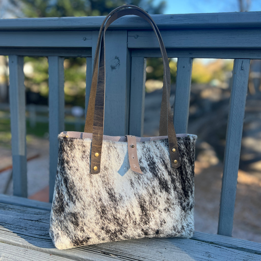 Mini Tote - Off White Brindle Cowhide with Sand Leather