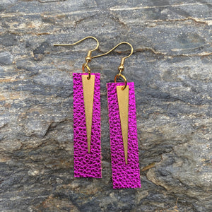 Spike Bars- Metallic Pink - Brass & Leather Earrings
