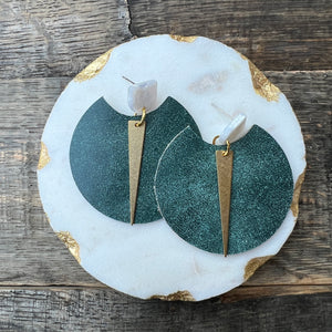 Spike Rounds - Distressed Teal - Brass & Leather Earrings