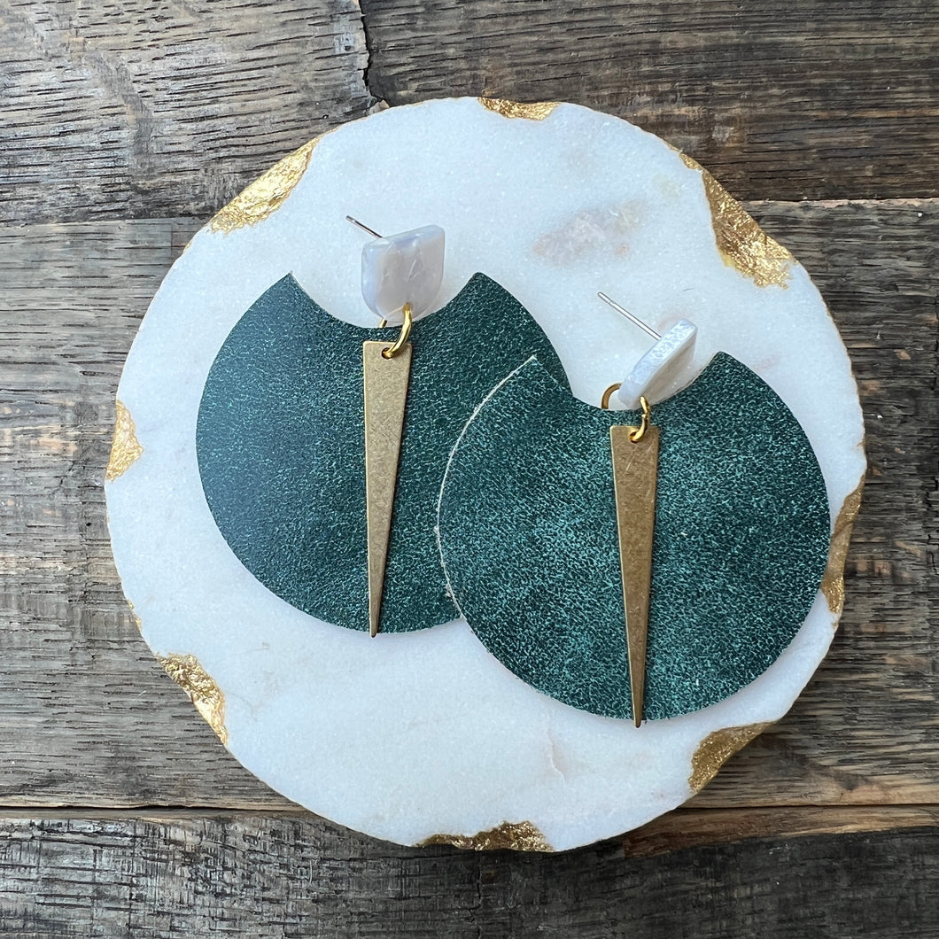 Spike Rounds - Distressed Teal - Brass & Leather Earrings