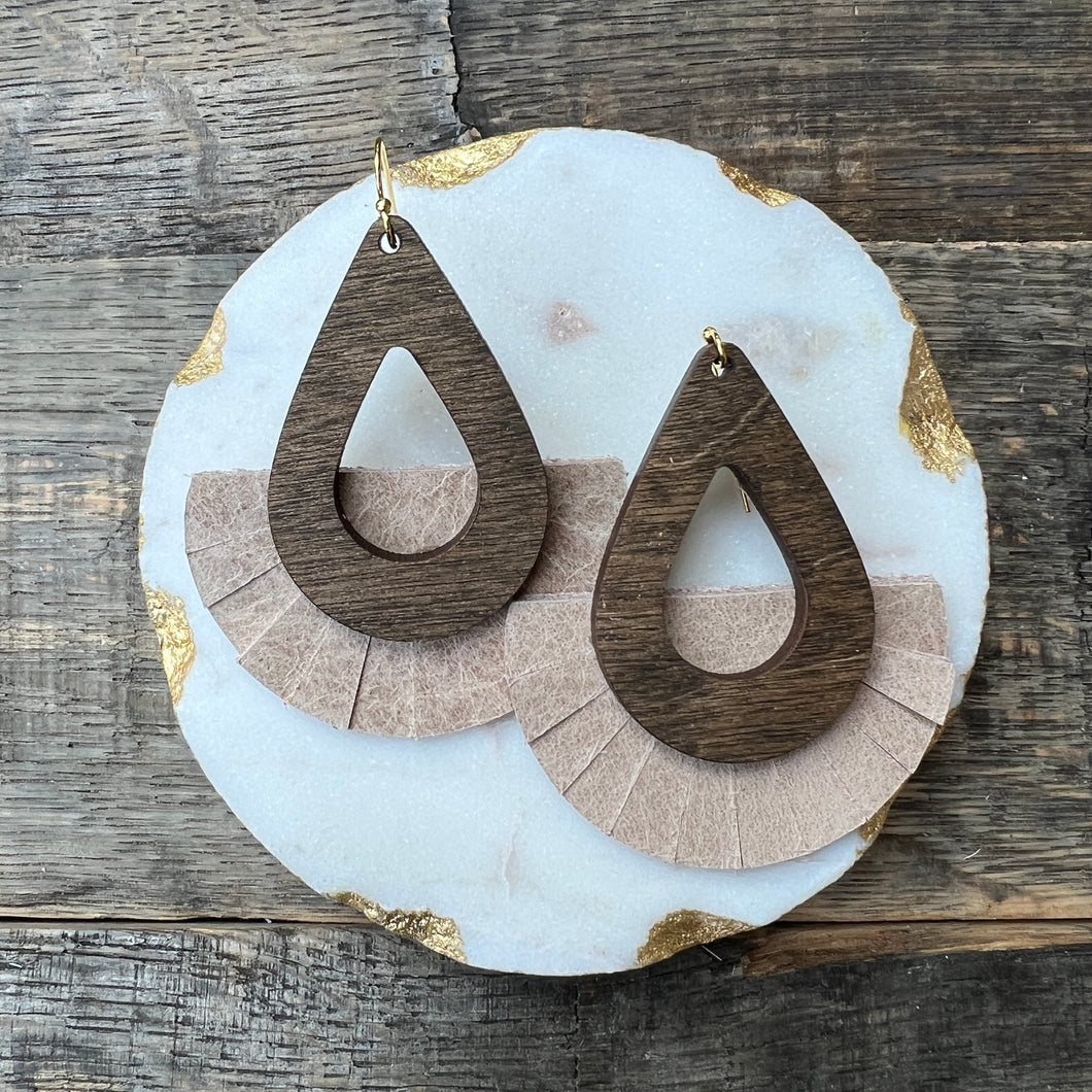 Elisa Fringe - Sand - Leather and Wood Statement Earrings