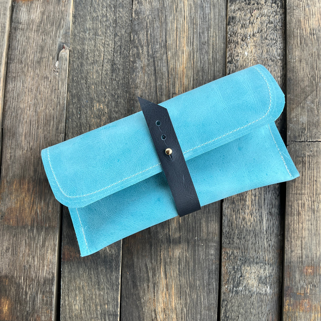 Leather Wallet - Aqua with Navy