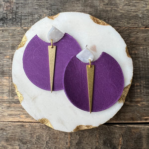 Spike Rounds - Violet - Brass & Leather Earrings
