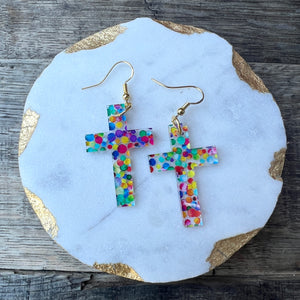 Cross Earrings - Rainbow Confetti - Acrylic Earrings