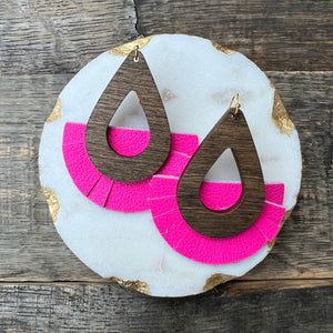 Elisa Fringe - Neon Pink - Leather and Wood Statement Earrings