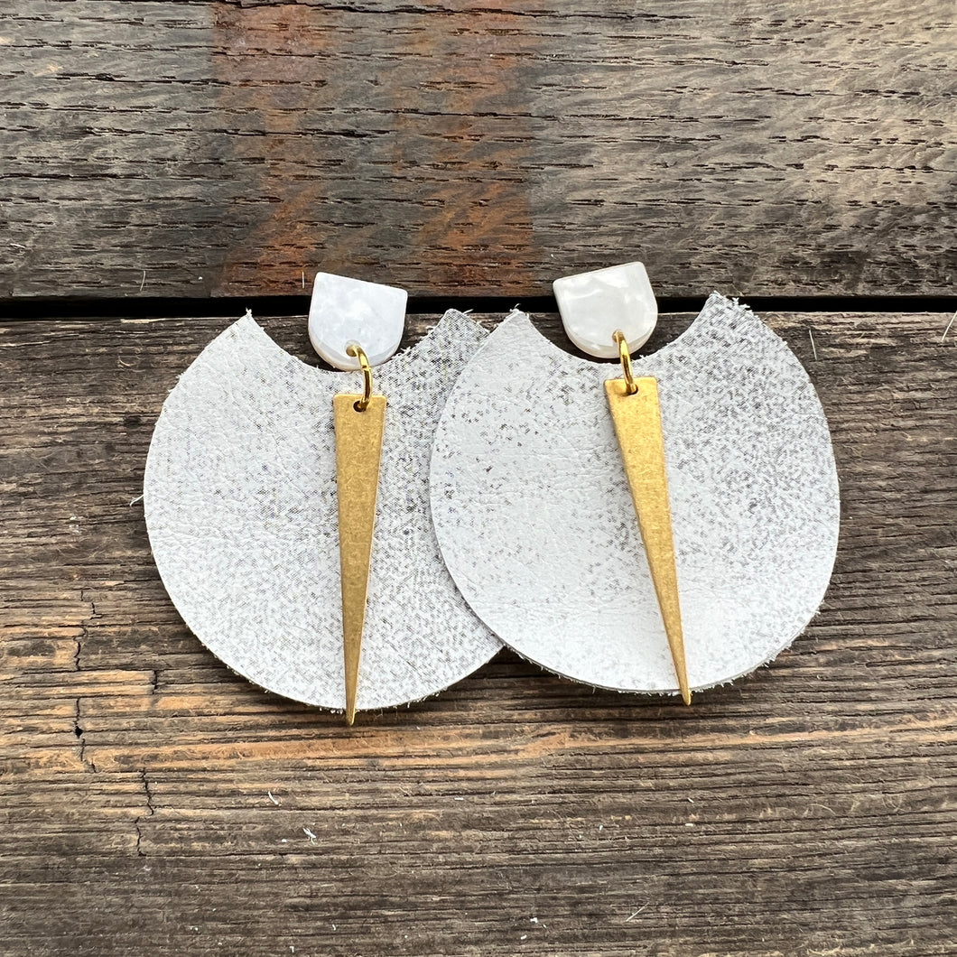 Spike Rounds - White Crush - Brass & Leather Earrings