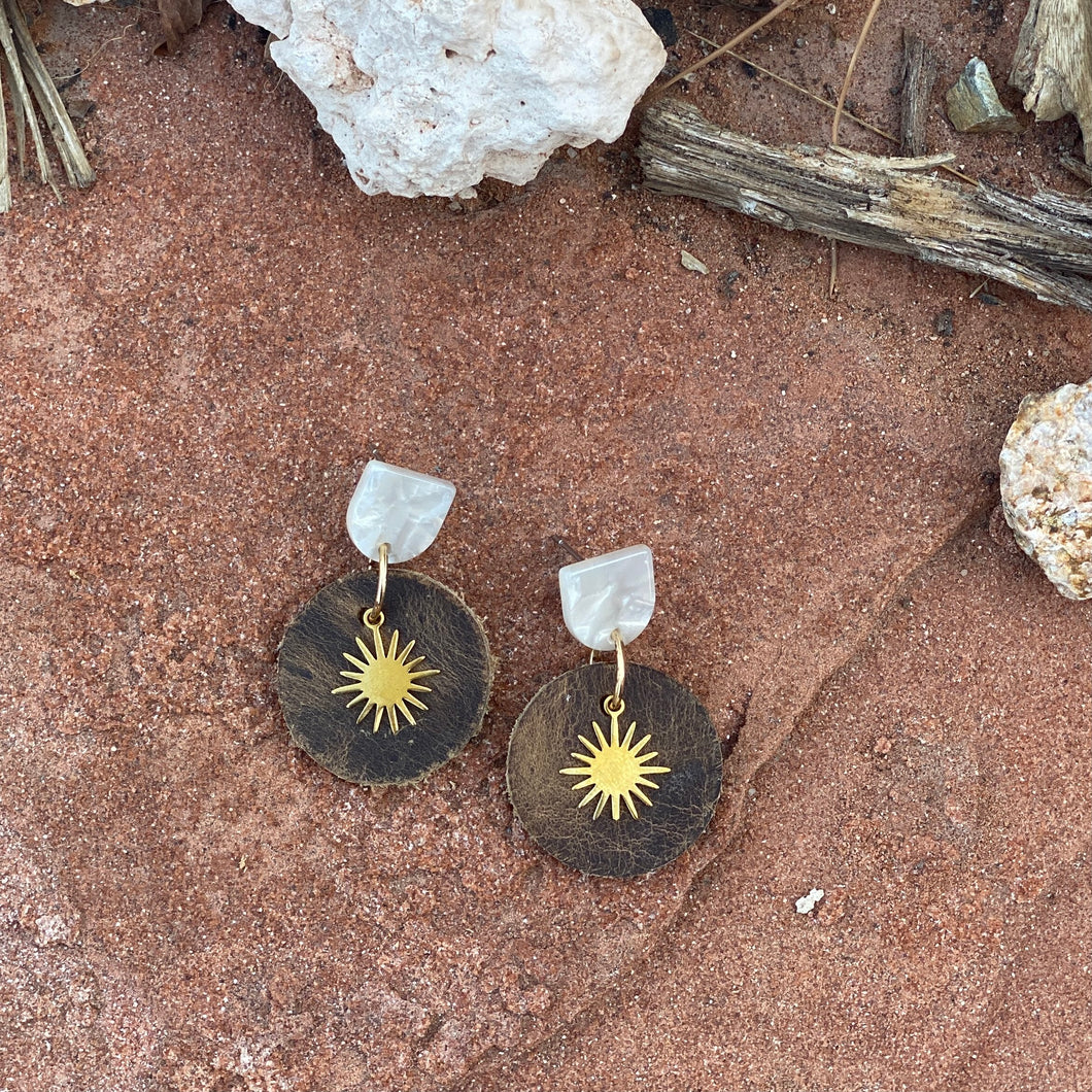 Mini Suns- Distressed Brown - Leather Earrings