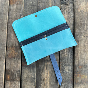 Leather Wallet - Aqua with Navy