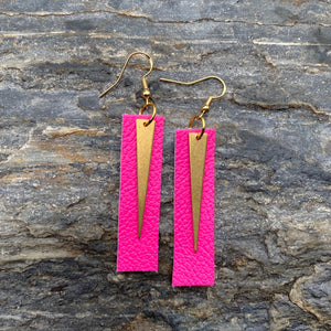 Spike Bars - Neon Pink - Brass & Leather Earrings