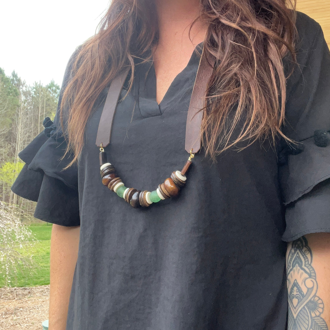 The Katie Leather Strap Necklace with Green